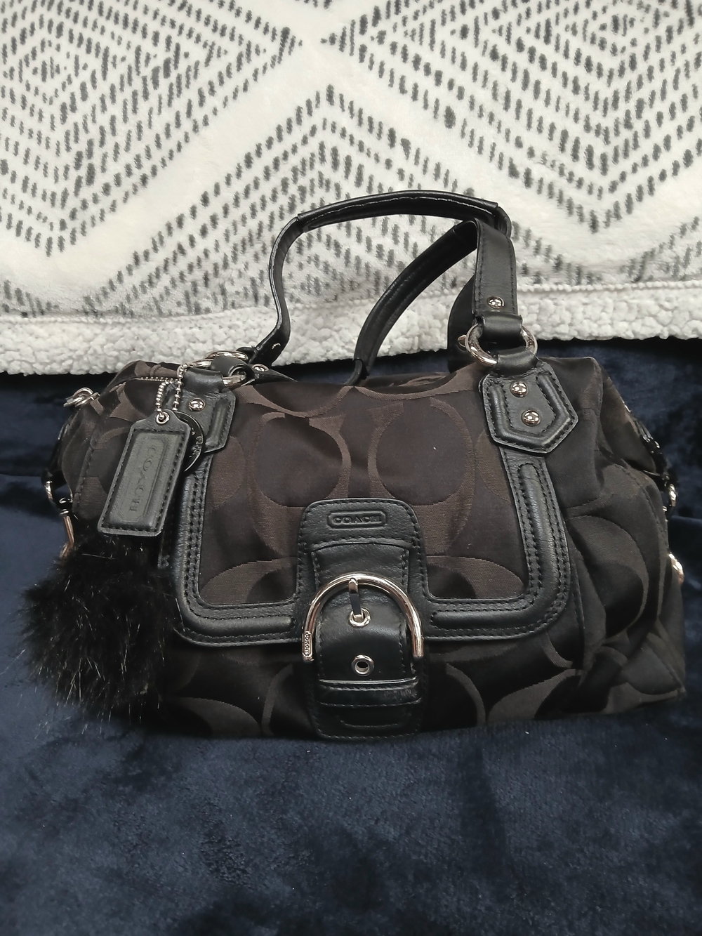 Coach Black Signature Satchel with Black Leather Trim and Fur Charm